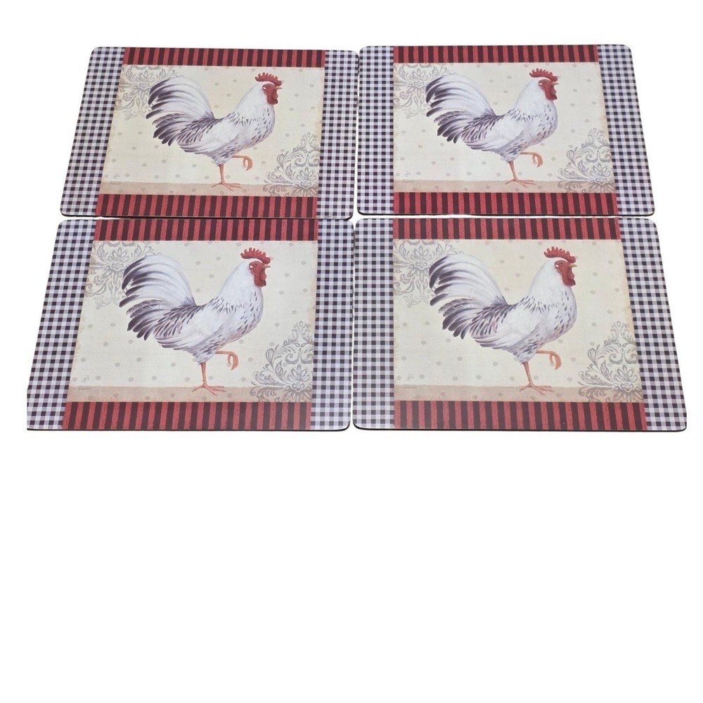 Pimpernel Country Rooster Placemats Set of 4 Cork Back Gingham Print Red Black